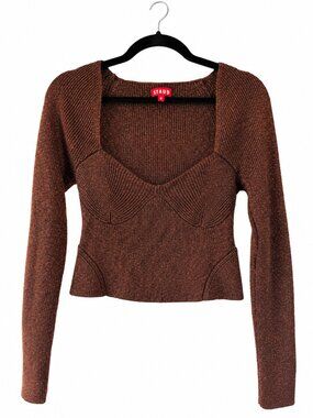 STAUD Cerro Copper Brown Metallic Ribbed Bustier Cropped Sweater Size M
